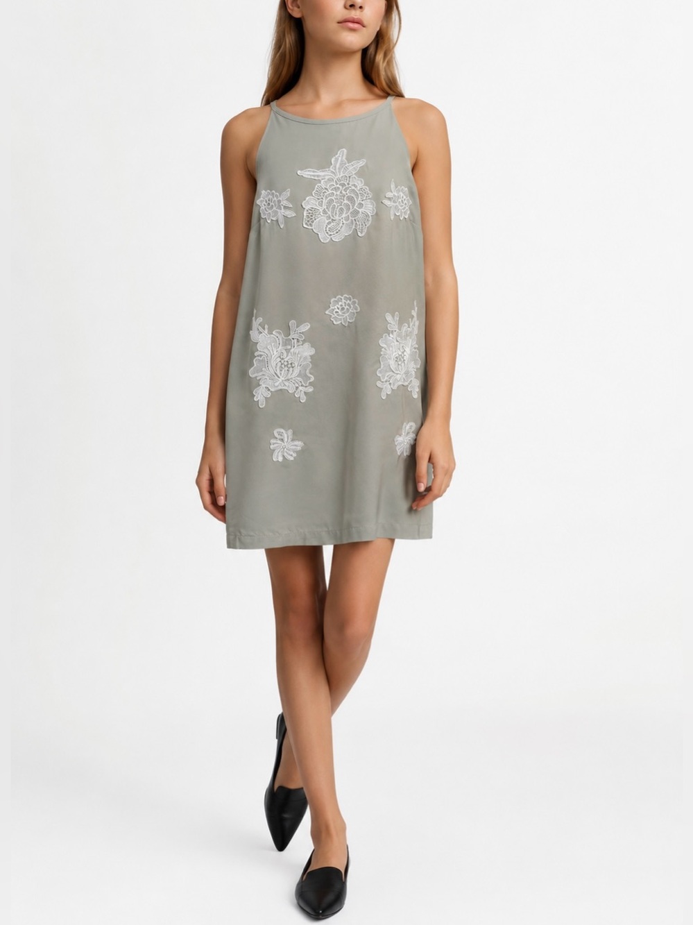 Victoria Beckham for Target Floral Appliqué Shift Dress L 10-12 Gray Sleeveless
